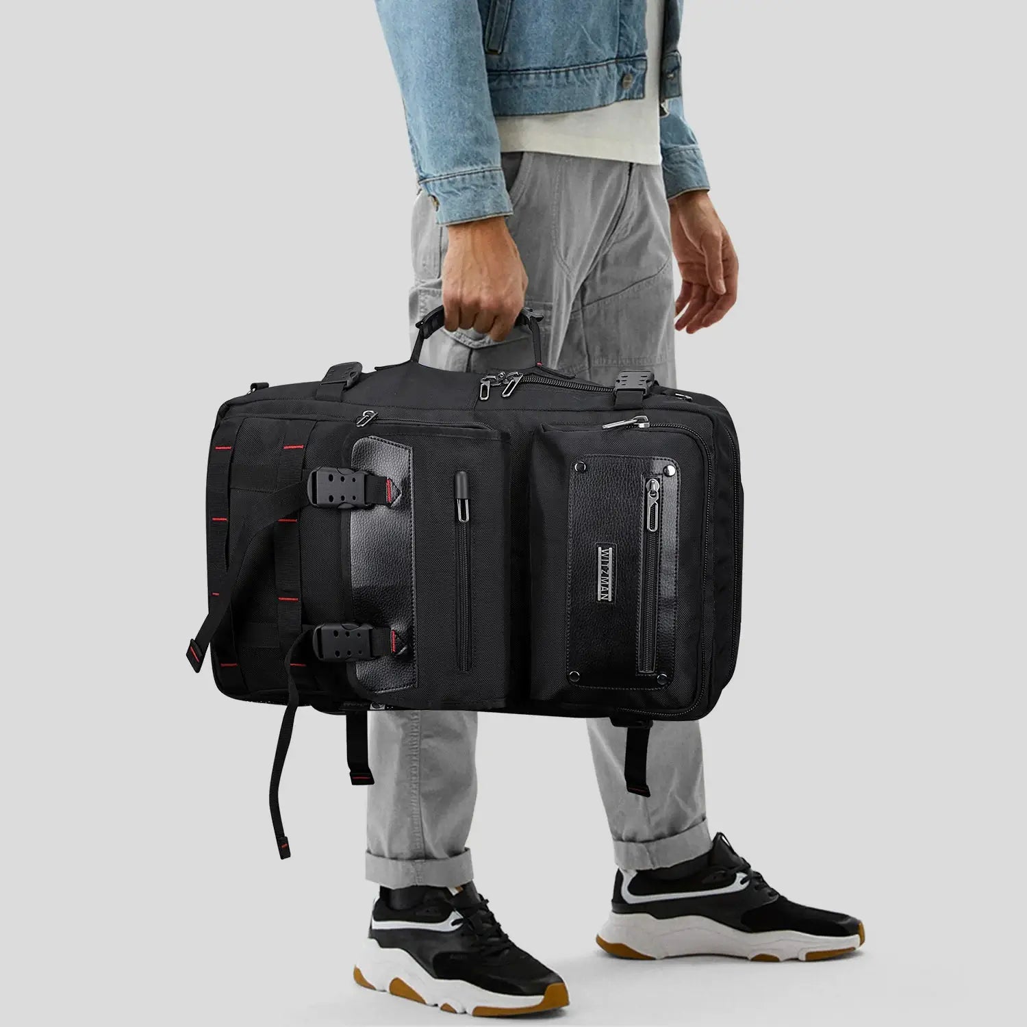 WITZMAN 45L convertible nylon travel backpack for men with USB port and multiple compartments b685