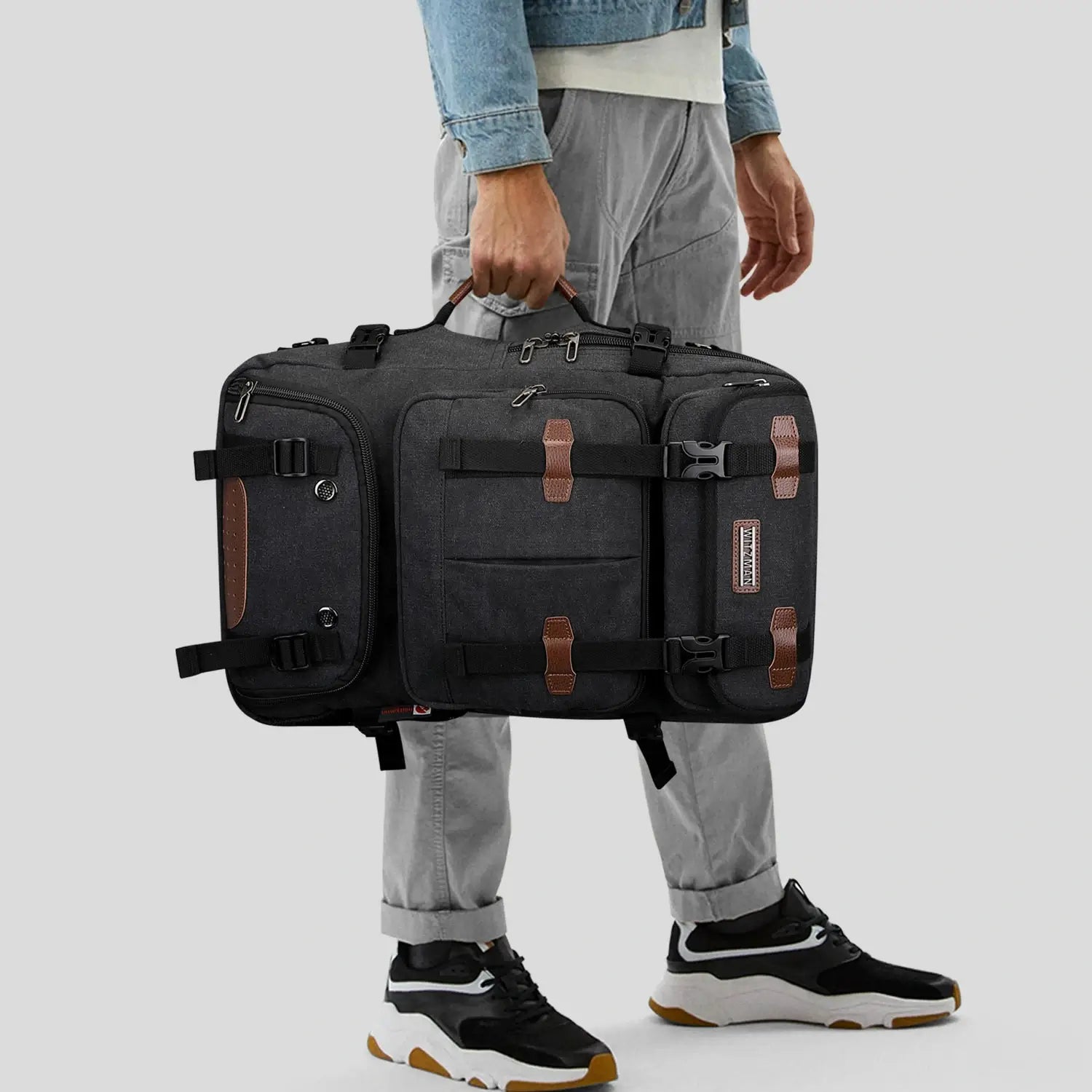 Convertible 40L travel backpack with USB port and 18+ compartments, fits 17 inch laptop, ideal for men and women a8013 best black backpack tote bag