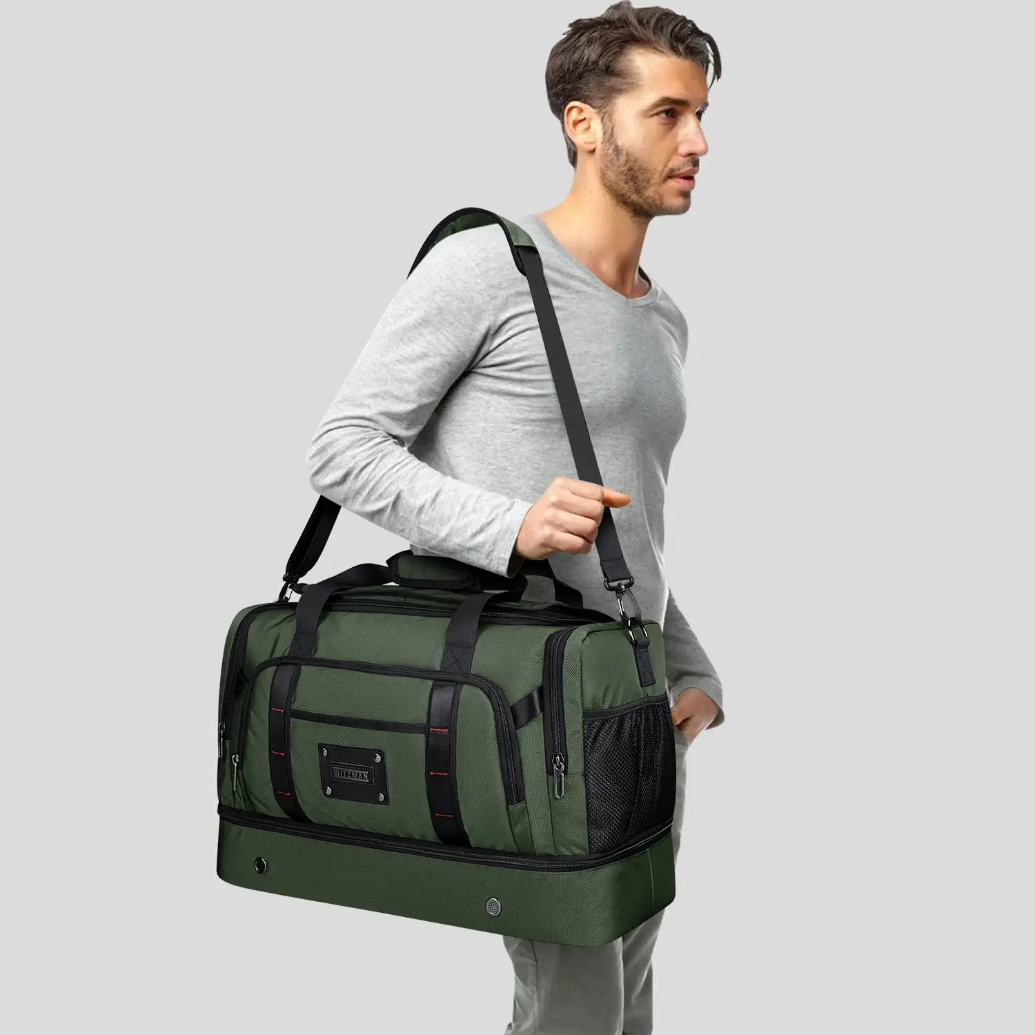 WITZMAN B720 men’s large nylon duffel bag with double-layer shoe compartment - green shoulder bag