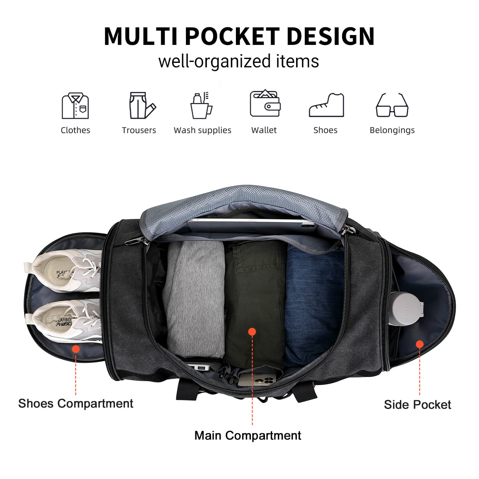 Black Canvas Large Travel Duffel Bags