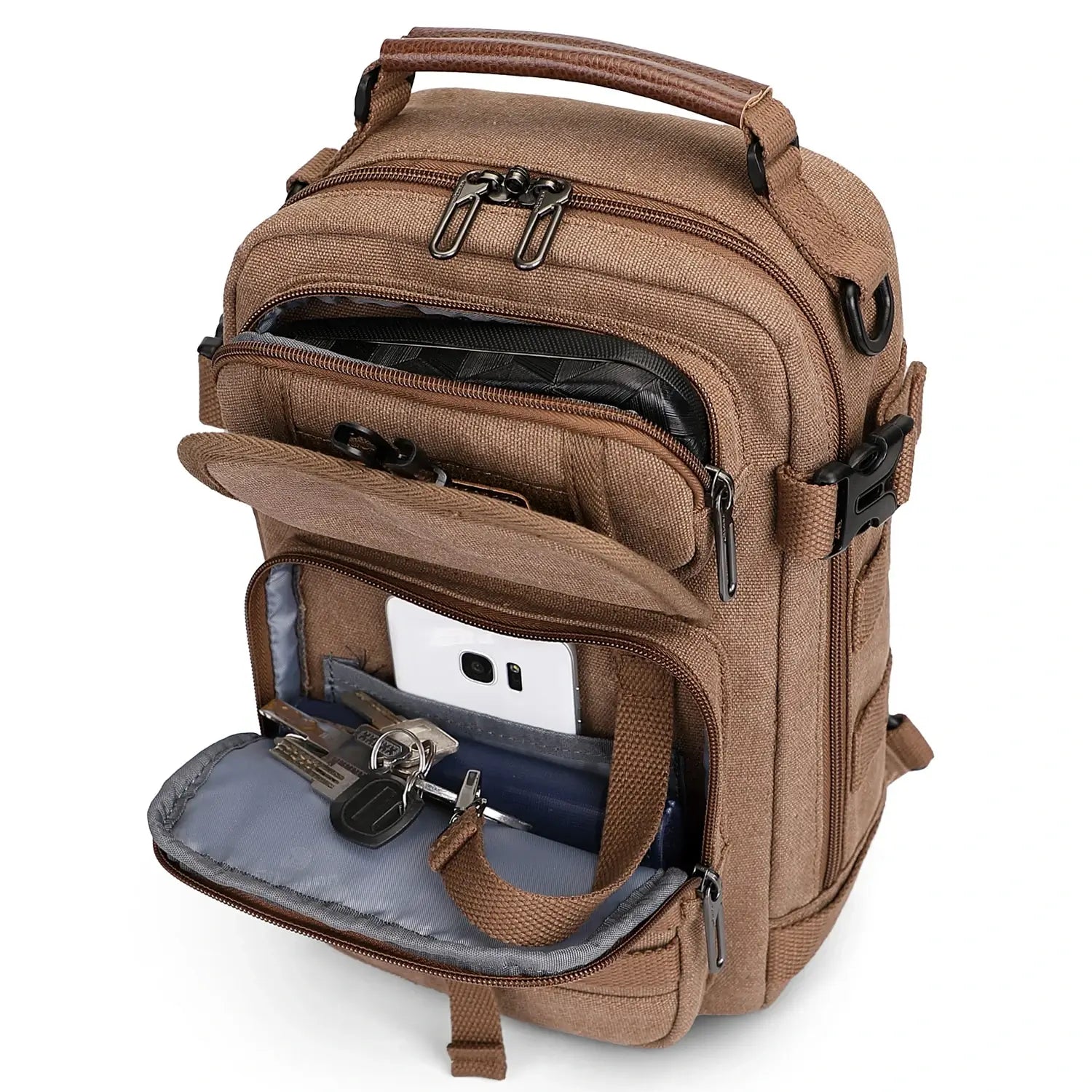 Casual men’s canvas sling bag with tactical webbing, padded iPad sleeve, and anti-theft pocket. Ideal for daily carry, travel, and city commuting.-brown a8021 witzman