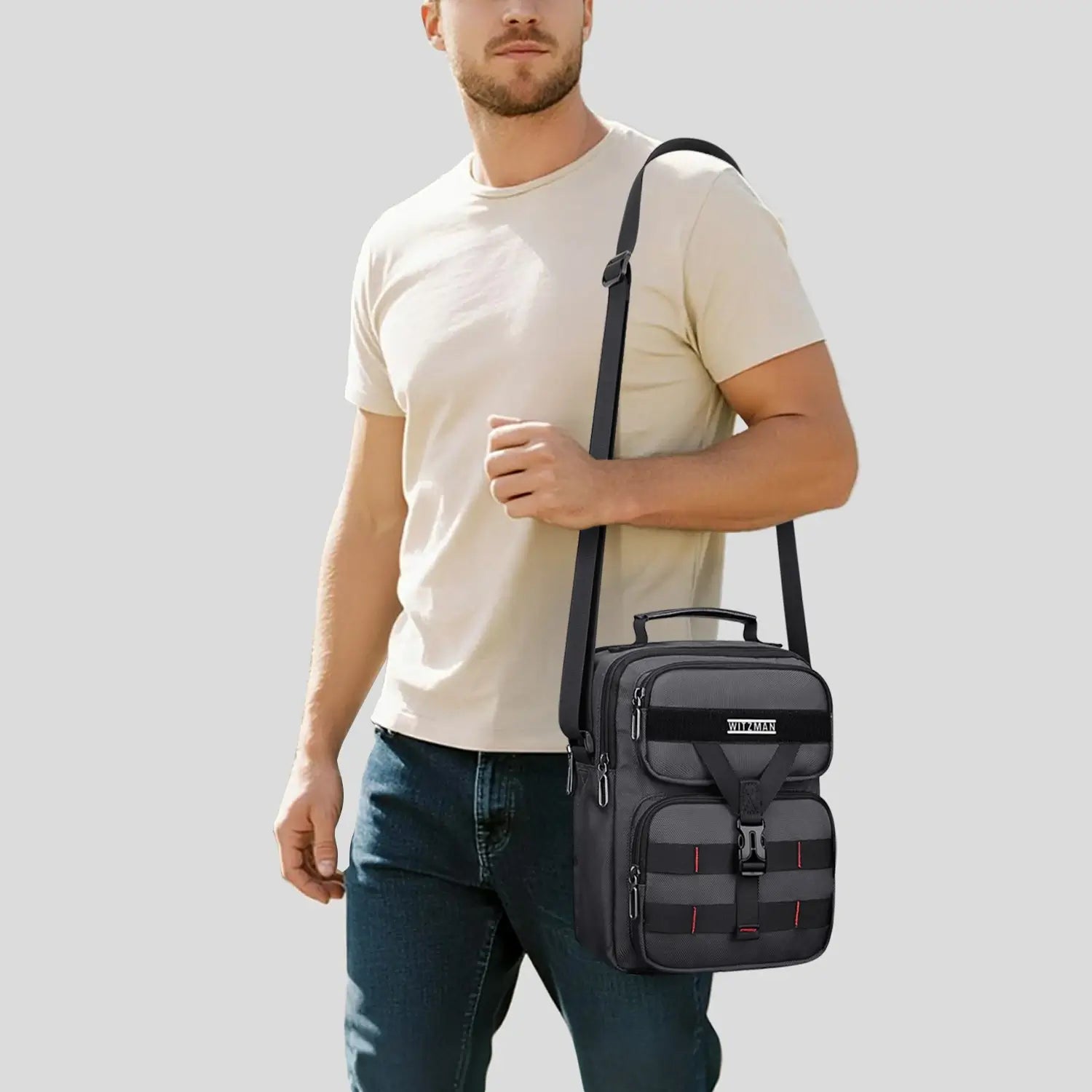 WITZMAN B707 nylon crossbody sling bag for men small travel shoulder messenger with anti-theft pocket and MOLLE webbing sliver grey