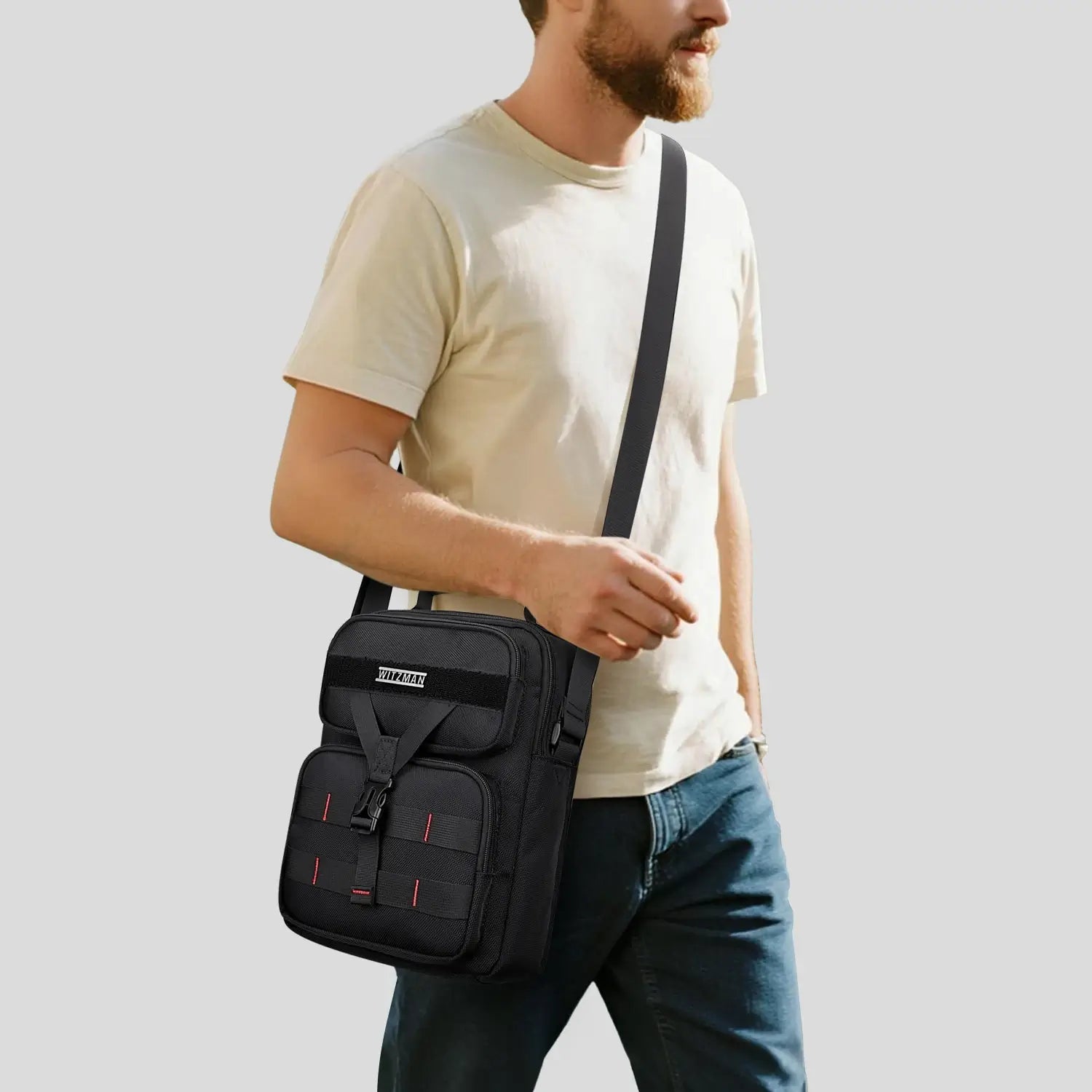 WITZMAN B707 nylon crossbody sling bag for men small travel shoulder messenger with anti-theft pocket and MOLLE webbing Black