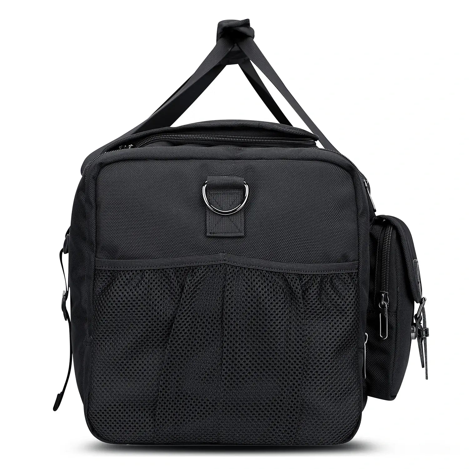 WITZMAN 54L black travel duffel bag for men with shoe compartment and wet-dry pocket side