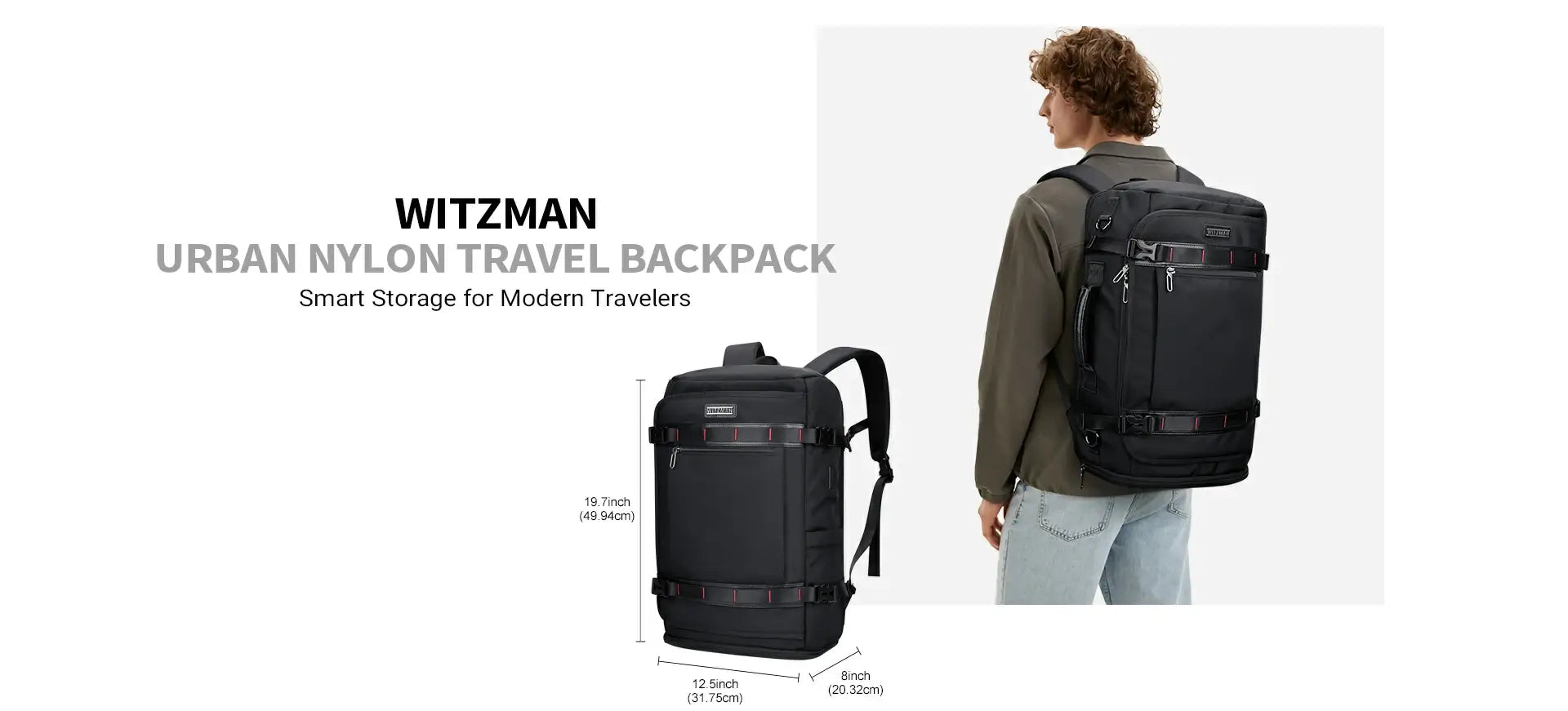 WITZMAN 35L nylon travel backpack for men with shoe compartment and TSA-friendly opening specifications chart