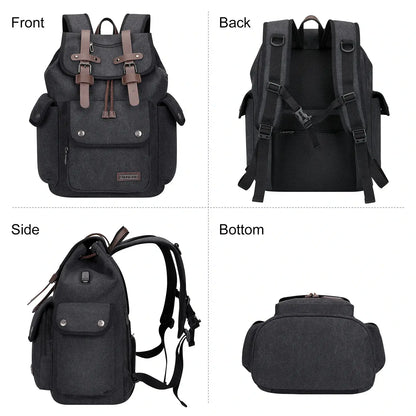 Canvas travel backpack with drawstring closure and laptop compartment for men and women a8004-2 black