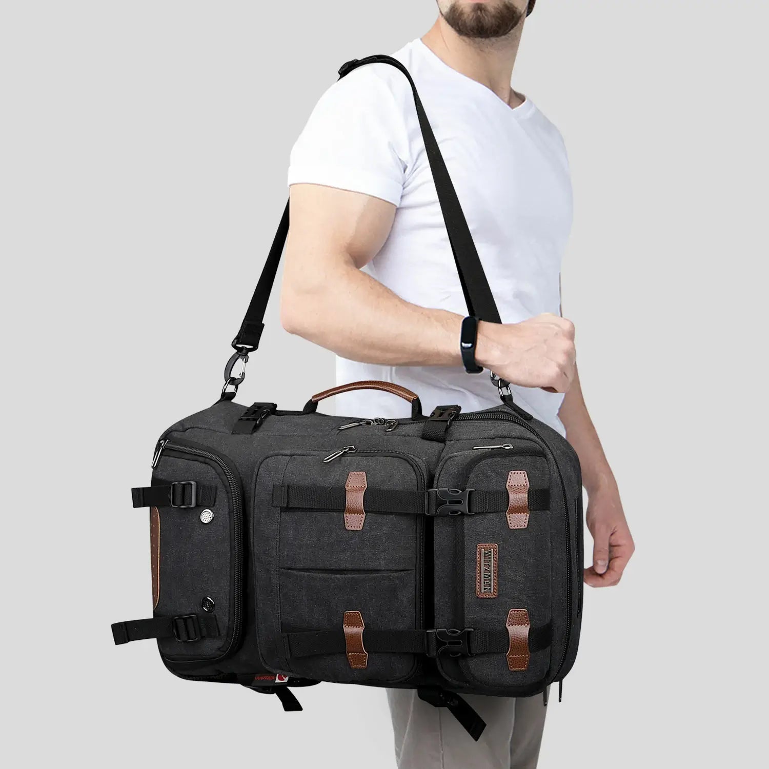 Convertible 40L travel backpack with USB port and 18+ compartments, fits 17 inch laptop, ideal for men and women a8013 best black shoulder backpack