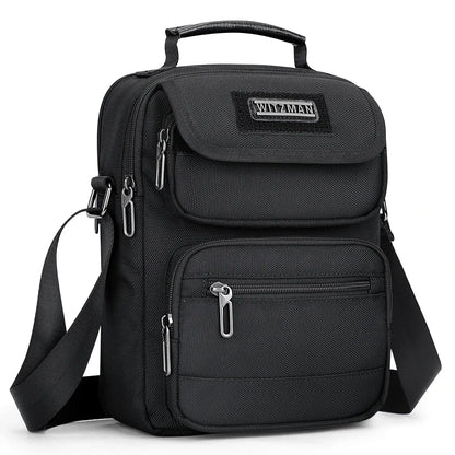 WITZMAN men’s black nylon crossbody sling bag with multiple compartments and iPad pocket B710