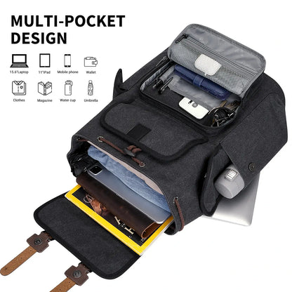 Canvas travel backpack with drawstring closure and laptop compartment for men and women a8004-2 black