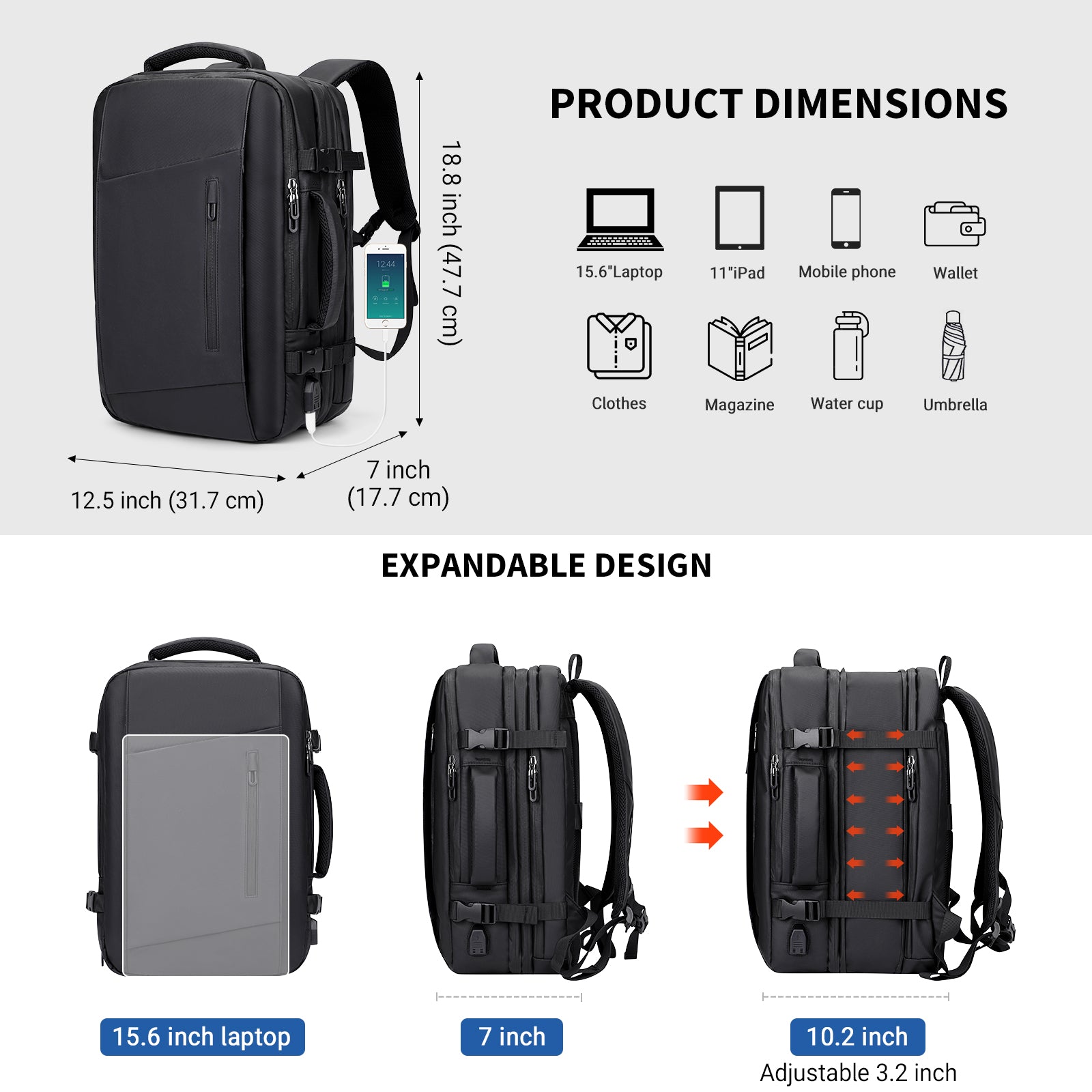 Black Nylon Waterproof Travel Laptop Backpack
