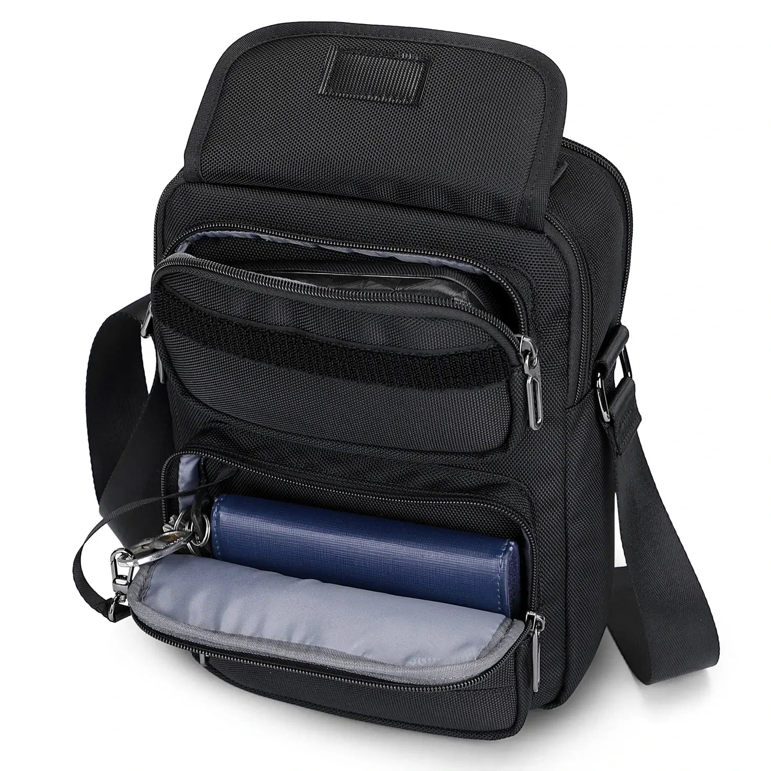 WITZMAN men’s black nylon crossbody sling bag with multiple compartments and iPad pocket B710