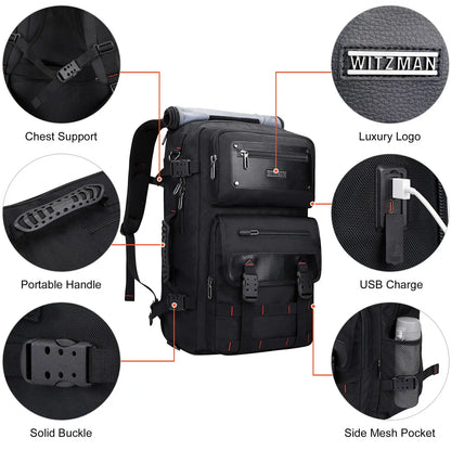 WITZMAN 45L convertible nylon travel backpack for men with USB port and multiple compartments b685