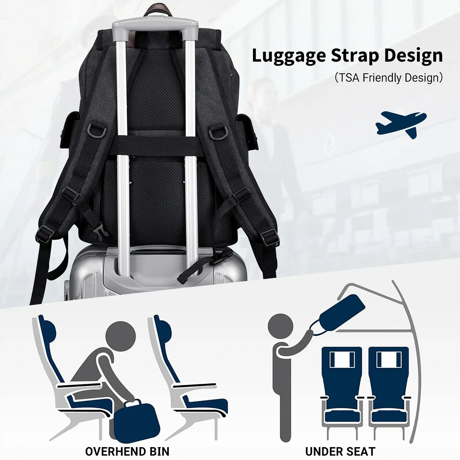 Canvas travel backpack with drawstring closure and laptop compartment for men and women a8004-2 black