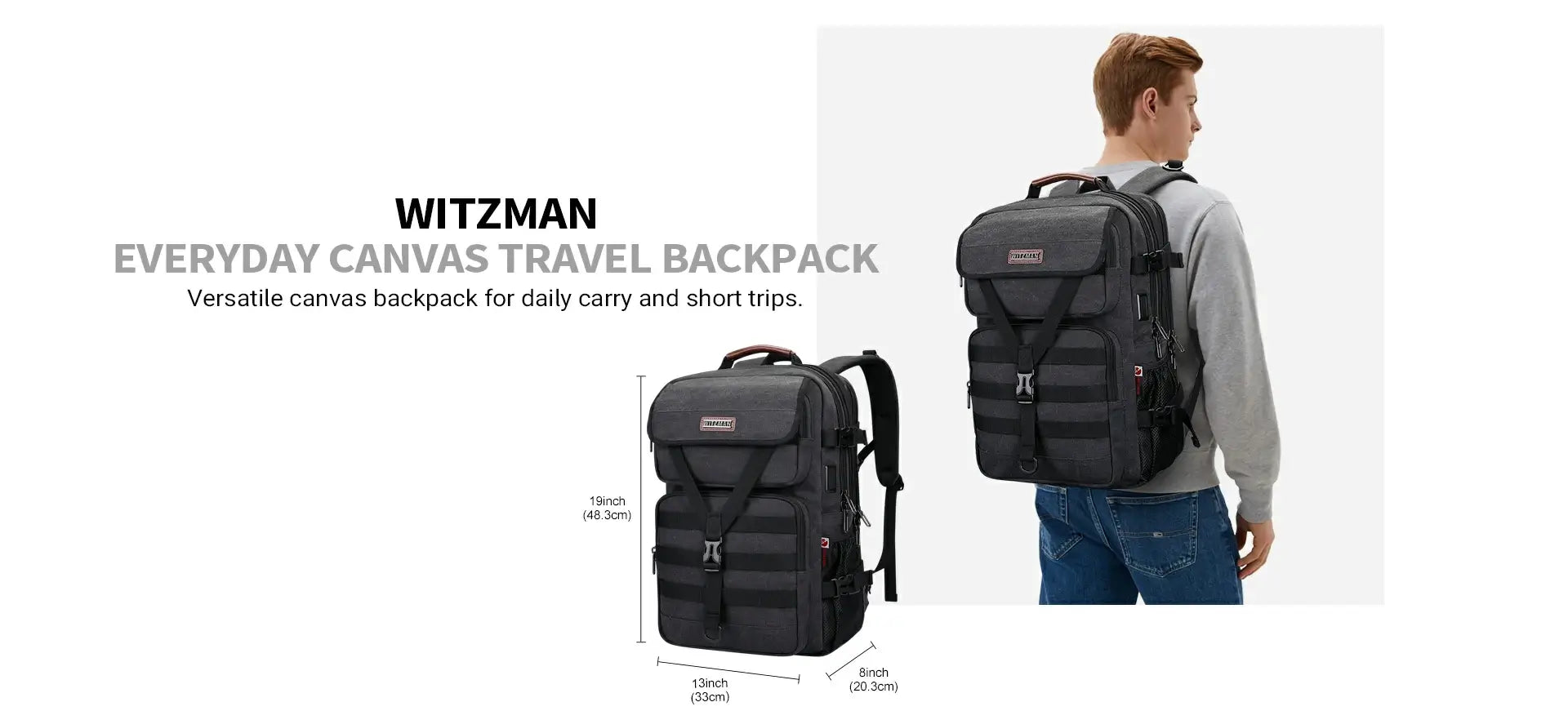 Canvas travel backpack dimensions diagram showing 13 x 19 x 8 inches size