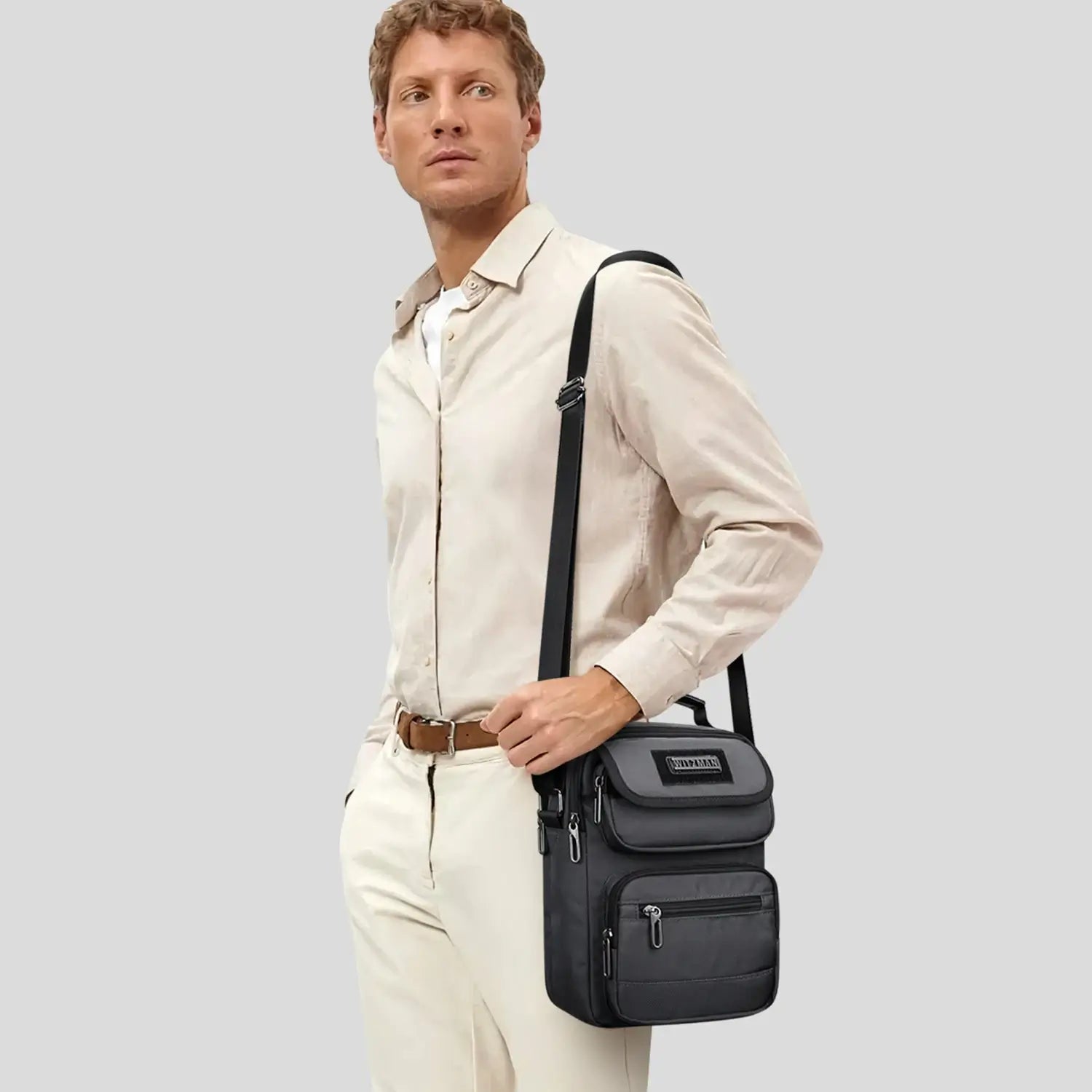 WITZMAN men’s sliver gray nylon crossbody sling bag with multiple compartments and iPad pocket B710 shoulder bag
