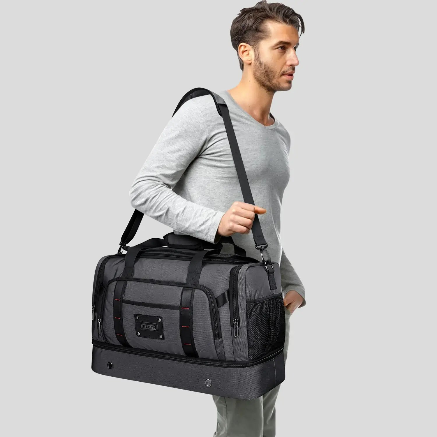WITZMAN B720 men’s large nylon duffel bag with double-layer shoe compartment - sliver grey shoulder bag