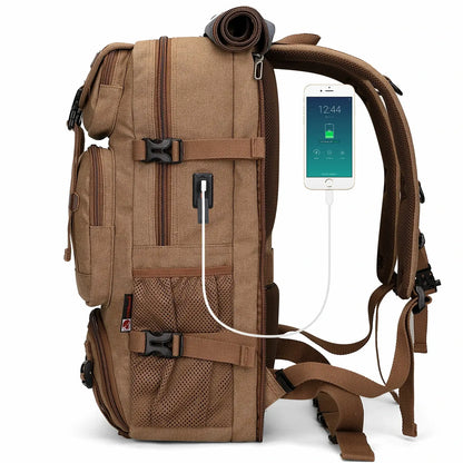 Convertible 40L travel backpack with USB port and 18+ compartments, fits 17 inch laptop, ideal for men and women a8013 brown bag