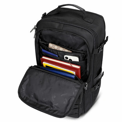 B688 Best large travel backpack carry on luggage bag black backpacks 45L with clamshell opening and multiple compartments - front pocket