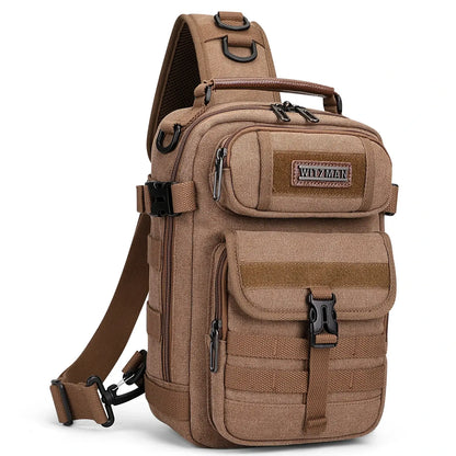 Casual men’s canvas sling bag with tactical webbing, padded iPad sleeve, and anti-theft pocket. Ideal for daily carry, travel, and city commuting.-brown a8021 witzman