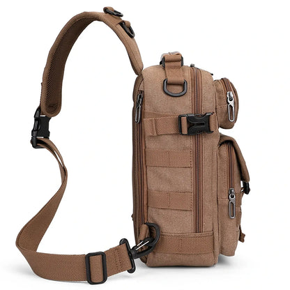 Casual men’s canvas sling bag with tactical webbing, padded iPad sleeve, and anti-theft pocket. Ideal for daily carry, travel, and city commuting.-brown a8021 witzman