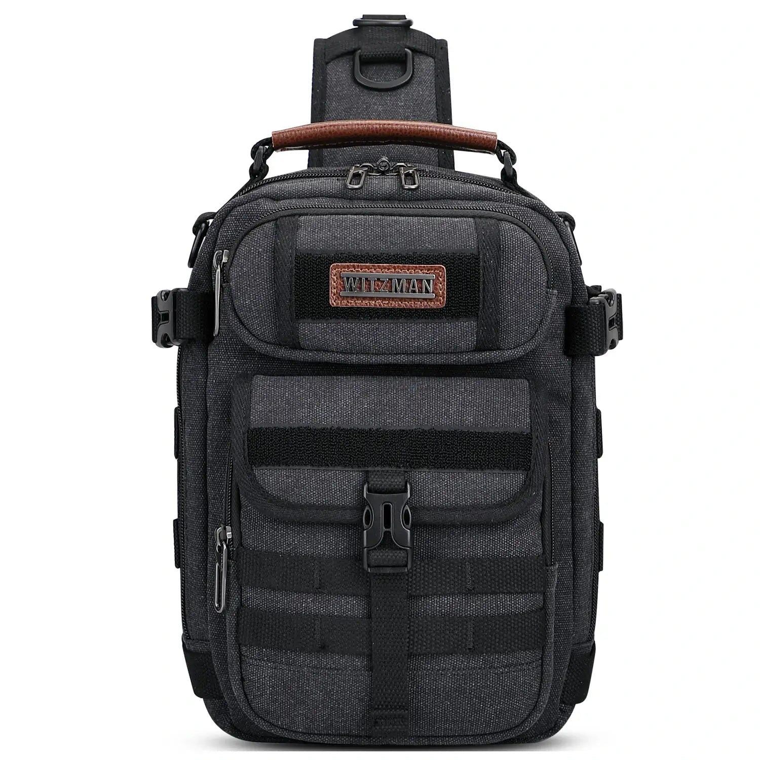 Casual men’s canvas sling bag with tactical webbing, padded iPad sleeve, and anti-theft pocket. Ideal for daily carry, travel, and city commuting.-black bag a8021 witzman