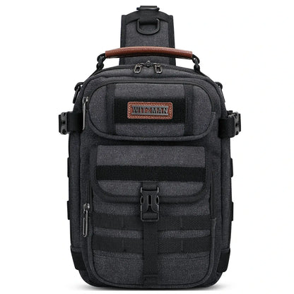 Casual men’s canvas sling bag with tactical webbing, padded iPad sleeve, and anti-theft pocket. Ideal for daily carry, travel, and city commuting.-black bag a8021 witzman