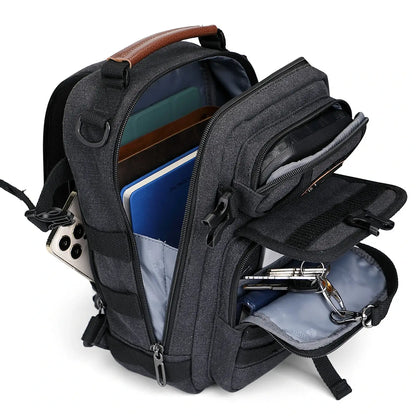 Casual men’s canvas sling bag with tactical webbing, padded iPad sleeve, and anti-theft pocket. Ideal for daily carry, travel, and city commuting.-black bag a8021 witzman