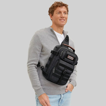 Casual men’s canvas sling bag with tactical webbing, padded iPad sleeve, and anti-theft pocket. Ideal for daily carry, travel, and city commuting.-black bag a8021 witzman