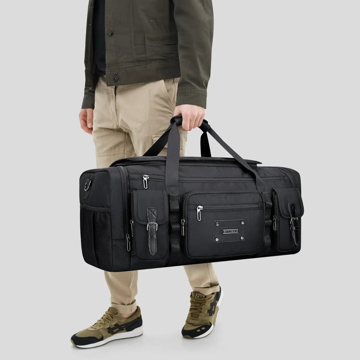 WITZMAN 54L black travel duffel bag for men with shoe compartment and wet-dry pocket handle strap