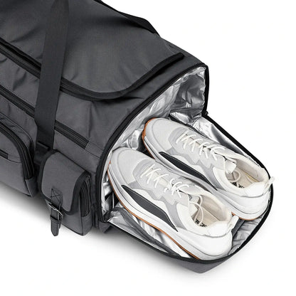 WITZMAN 54L silvery grey travel duffel bag for men with shoe compartment and wet-dry pocket 