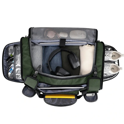 WITZMAN 54L army green travel duffel bag for men with shoe compartment and wet-dry pocket