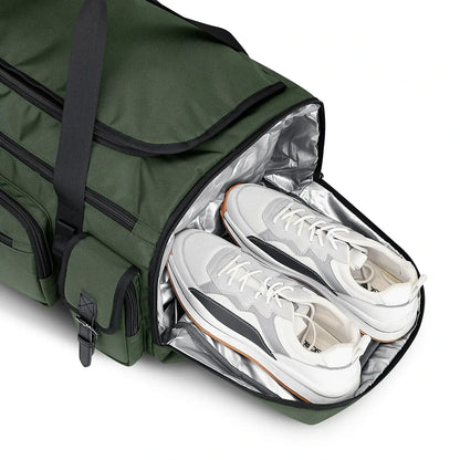 WITZMAN 54L army green travel duffel bag for men with shoe compartment and wet-dry pocket