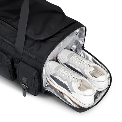 WITZMAN 54L black travel duffel bag for men with shoe compartment and wet-dry pocket