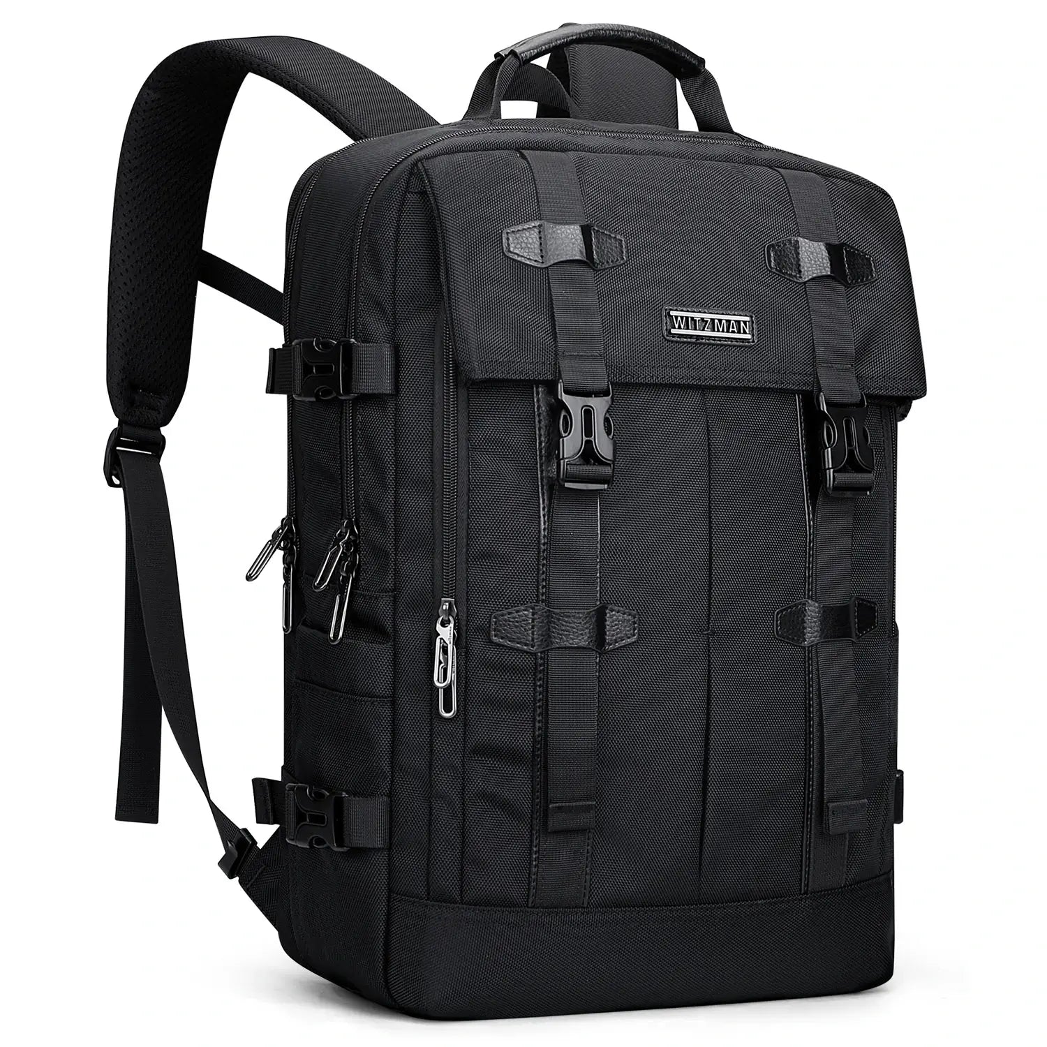 WITZMAN black nylon travel backpack for men with USB port and laptop compartment